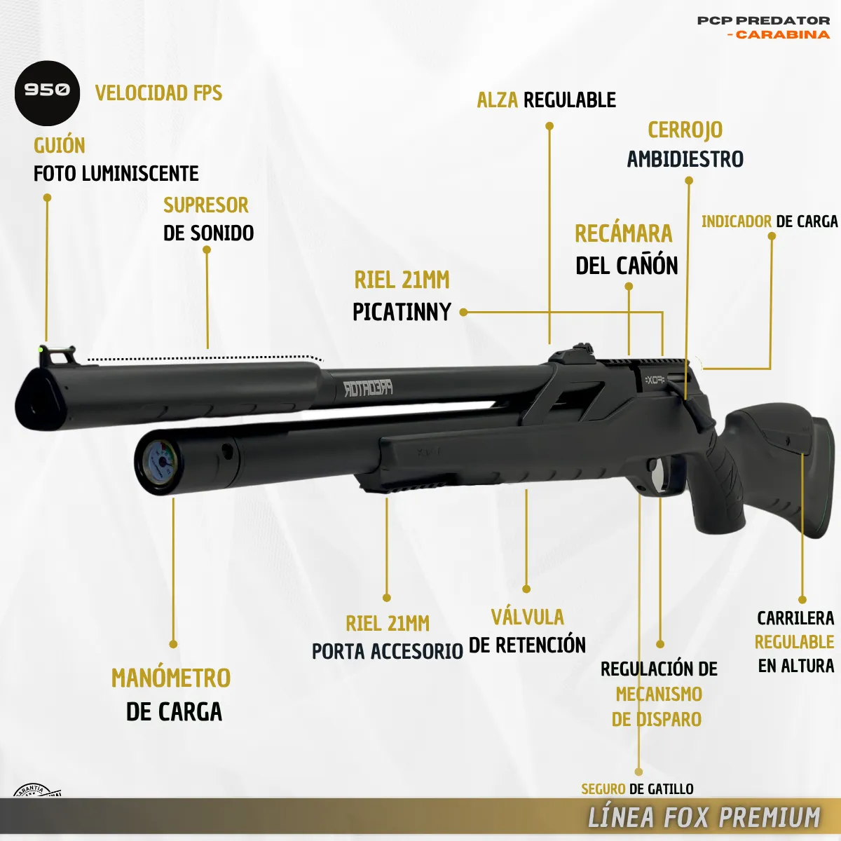 Rifle Fox PCP Predator 6.35 C/Regularor y Cargador - Imagen 2
